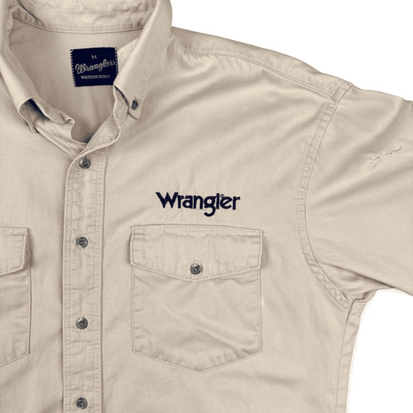 Vintage Wrangler Western Shirt Adult MEDIUM Brown Tan 80s Cowboy Workwear Ranch - Picture 2 of 9